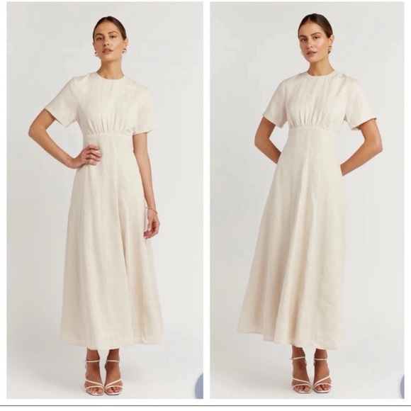 DISSH Dresses & Skirts - COPY - DISSH Jayde Pearl Linen Midi Dress Short Sleeve High Neckline Size 6